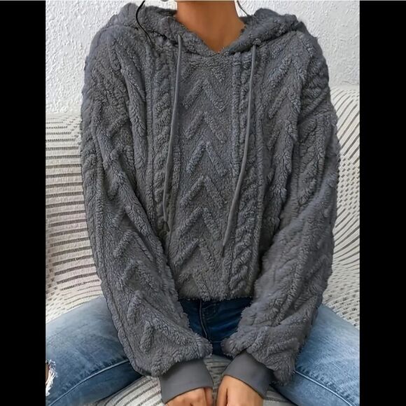 Solid Fuzzy Gray Textured Hooded Sweatshirt Sz 20 - Picture 2 of 4